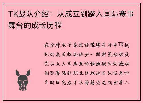 TK战队介绍：从成立到踏入国际赛事舞台的成长历程
